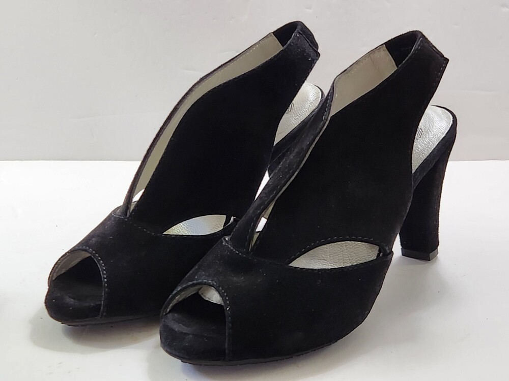 NEW Eric Michael Black Suede Pumps Open Toe Slingback 3in Heel size 6.5/37 Retro